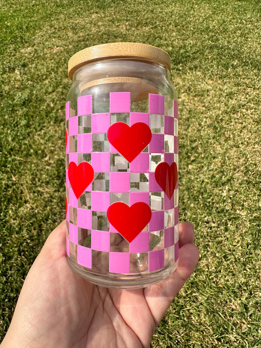 Checkered Hearts Iced Coffee Glass