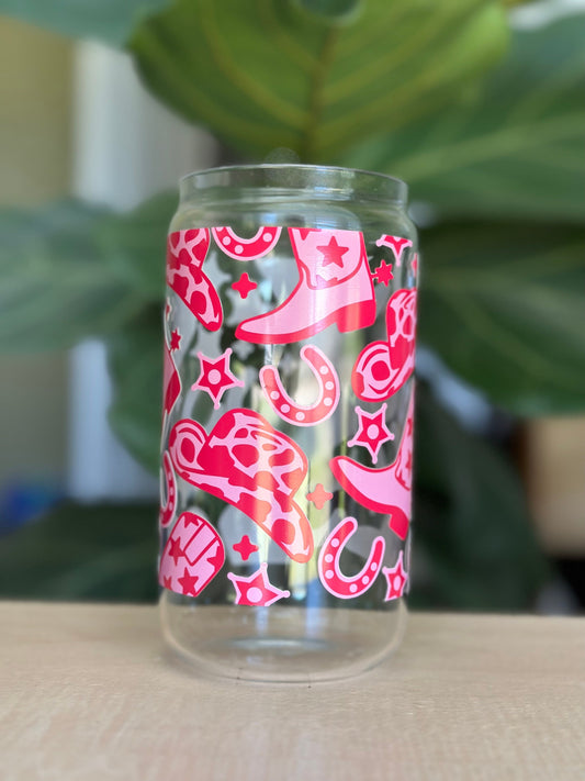 Pink Disco Cowgirl Glass Cup